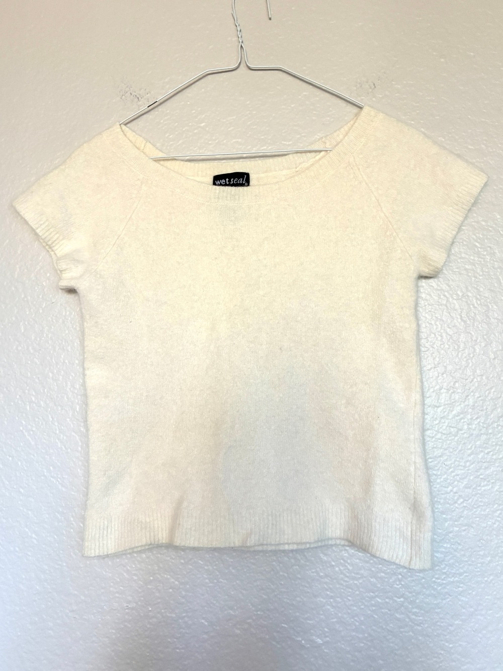 VTG Y2K Wet Seal Angora Lam Wool Blend Ivory Short Sleeve Crewneck Knit Top 2000